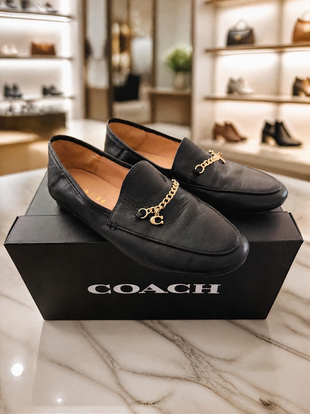 Coach Chain Loafers Genuine Leather Gold Curb Chain with original box